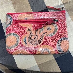 Mural Red and Peach Patterned Zip Wristlet with Stylized Animal